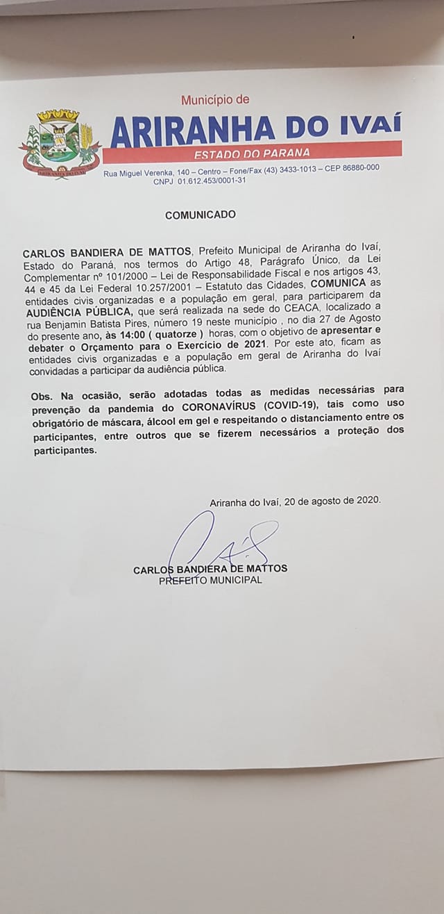 Audiência Pública hoje dia 27/08/2020 no salão do CEACA às 14:00