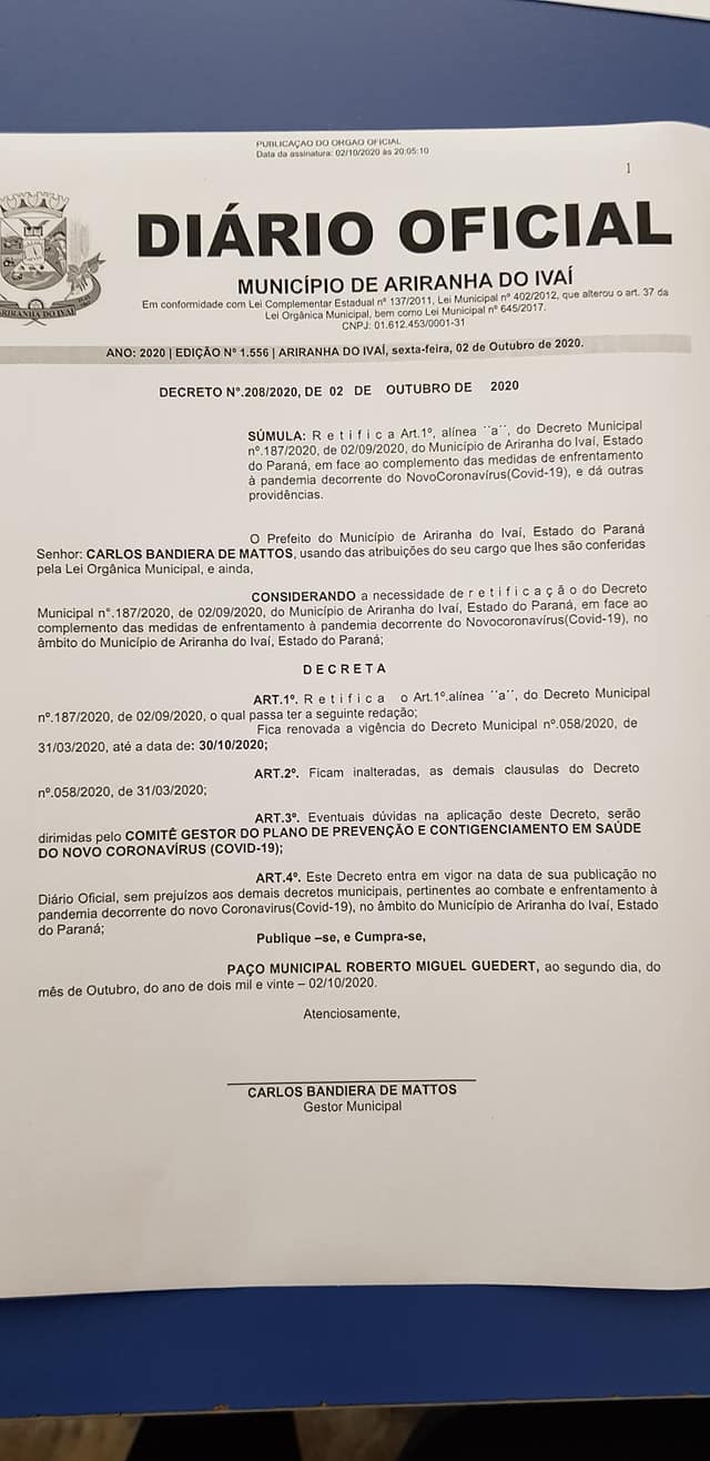 Decretos de Enfrentamento do Novo Coronavirus (covid 19) até a data de 30/10/2020