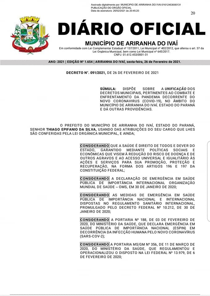 ATENÇÃO PARA O DECRETO 091/2021