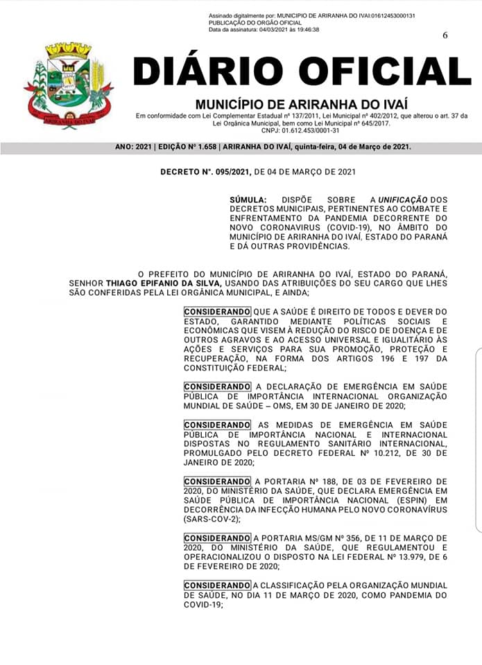 ATENÇÃO AO DECRETO N°095/2021 COM VIGÊNCIA ATÉ 08/03/2021