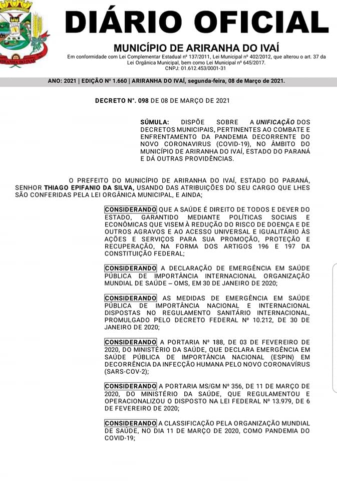 ATENÇÃO AO DECRETO N°098/2021 COM VIGÊNCIA ATÉ 17/03/2021