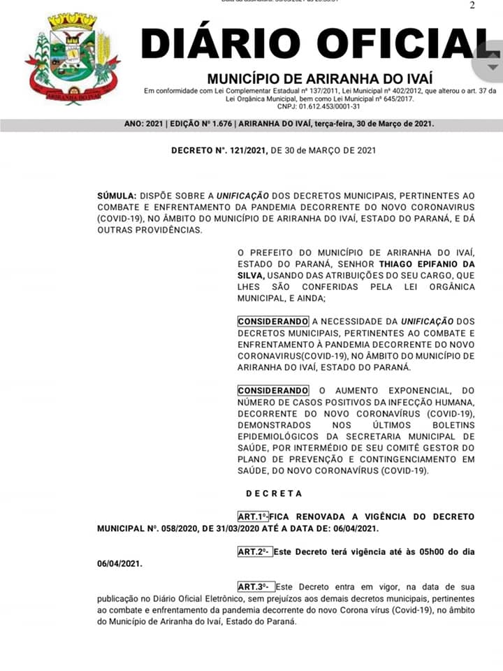 ATENÇÃO AO DECRETO N°121/2021 COM VIGÊNCIA ATÉ 06/04/2021