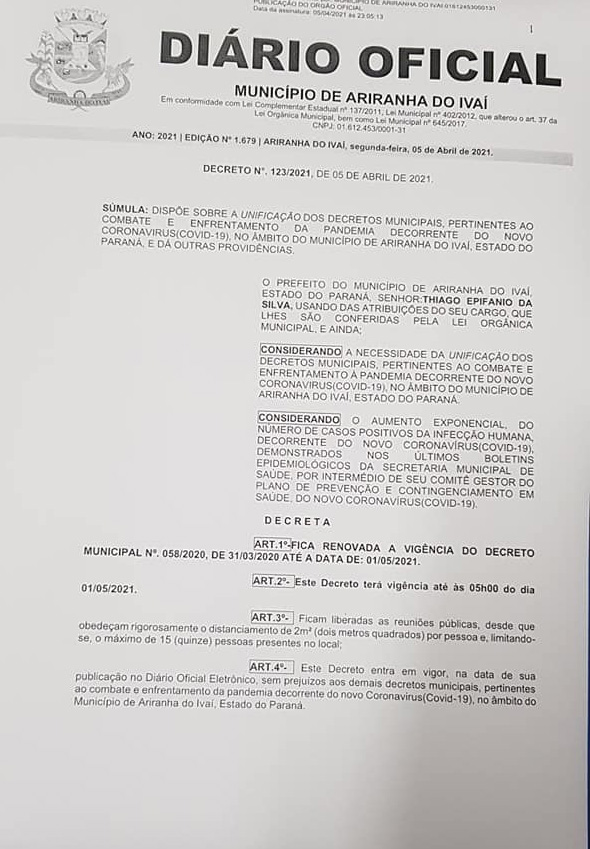 ATENÇÃO AO DECRETO N°123/2021 COM VIGÊNCIA ATÉ 01/05/2021