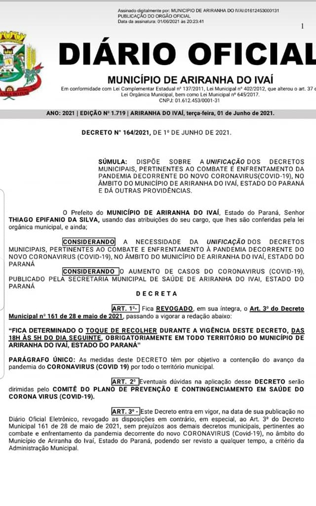 ATENÇÃO AO NOVO DECRETO N°164/2021 DE 01/06/2021 COM VIGÊNCIA ATÉ A DATA DE 18/06/2021