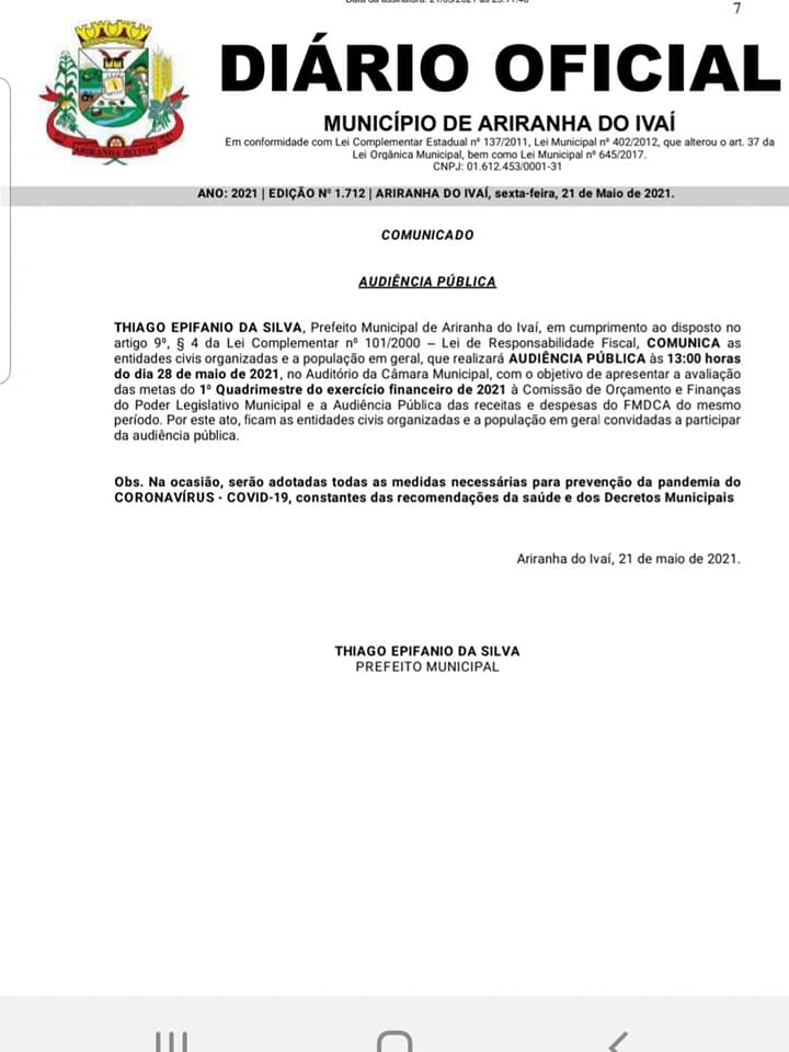 AUDIÊNCIA PÚBLICA NESTA SEXTA-FEIRA DIA 28/05/2021 NA CÂMARA MUNICIPAL