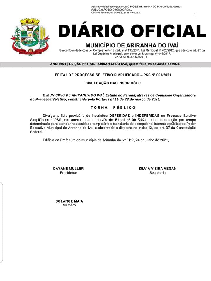 DIVULGAÇÃO DAS INSCRIÇÕES DO PSS N°001/2021 - LISTAGEM DAS INSCRIÇÕES DEFERIDAS E INDEFERIDAS