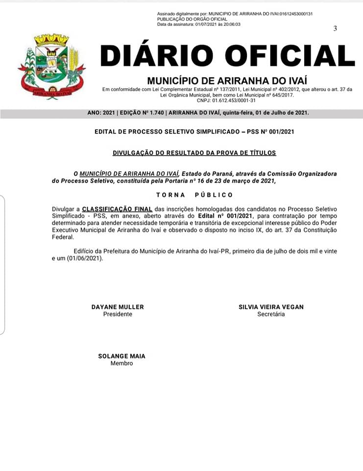 Resultado da Prova de Títulos do PSS n°001/2021