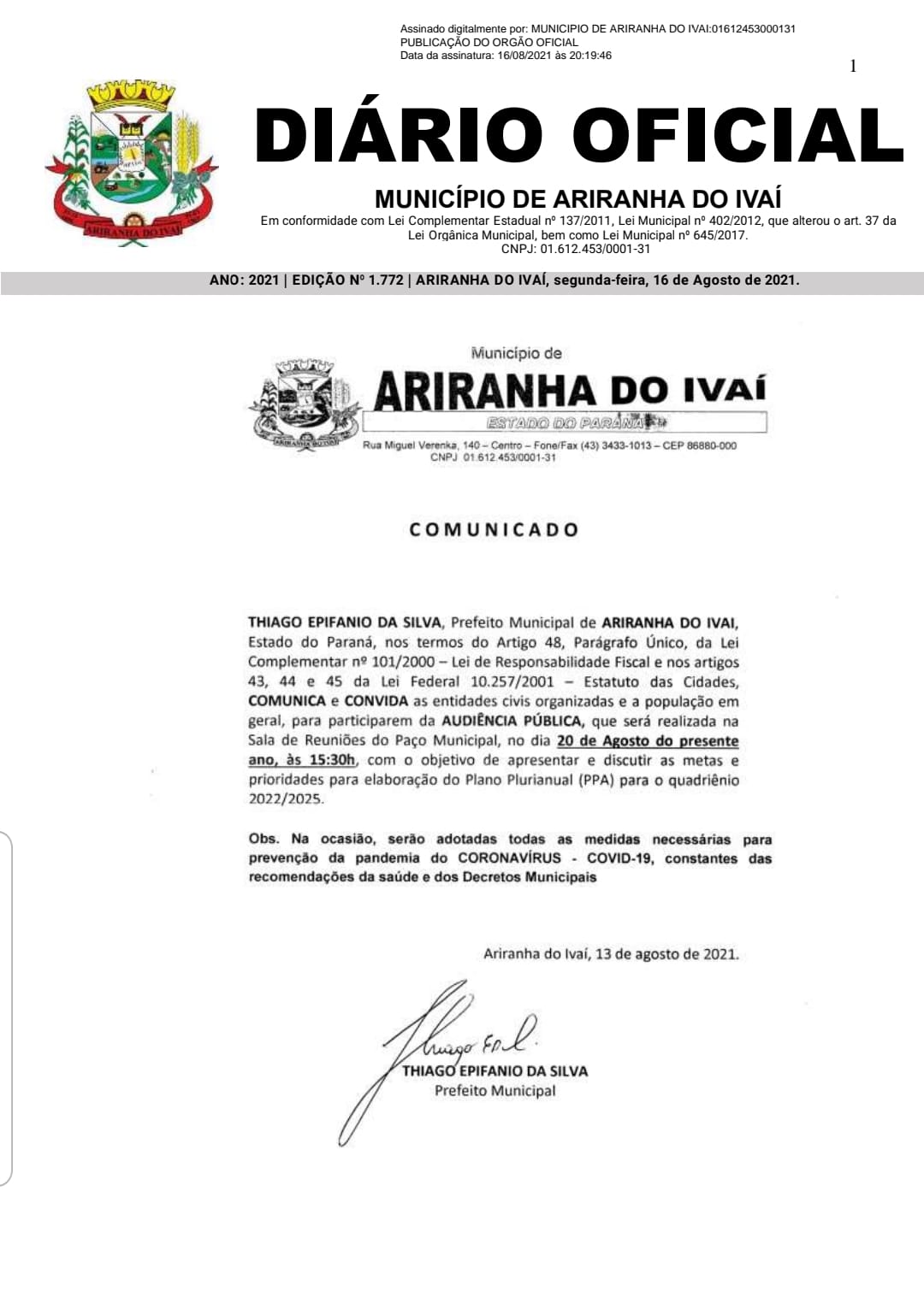 COMUNICADO DA AUDIÊNCIA PÚBLICA NO DIA 20/08/2021 NA PREFEITURA MUNICIPAL ÀS 15:30