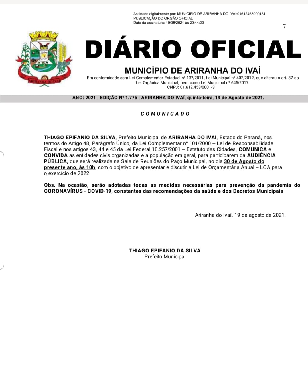 COMUNICADO - AUDIÊNCIA PÚBLICA