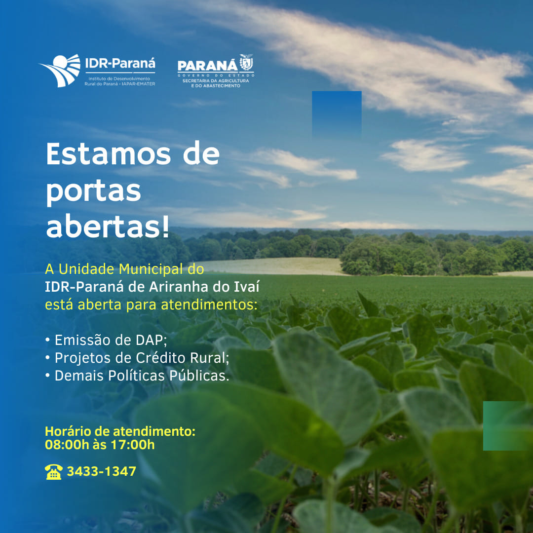IDR-PARANÁ DO MUNICÍPIO DE ARIRANHA DO IVAÍ ESTÁ PRONTO PARA ATENDER À POPULAÇÃO