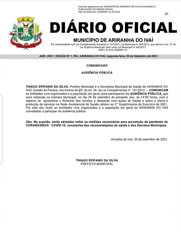 COMUNICADO PARA AUDIÊNCIA PÚBLICA DIA 29/09/2021 ÀS 13:30 E 14:00 NA CÂMARA MUNICIPAL DE ARIRANHA DO IVAÍ