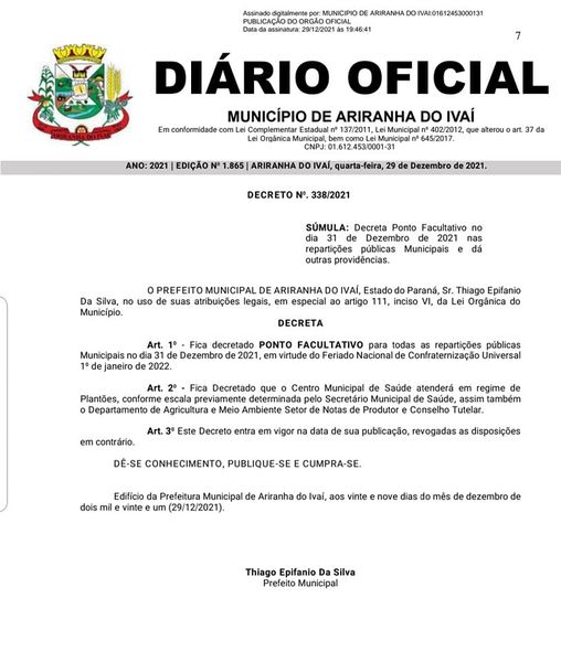 ATENÇÃO AO DECRETO N° 338/2021 - PONTO FACULTATIVO NESTE DIA 31/12/2021 NAS REPARTIÇÕES PÚBLICAS