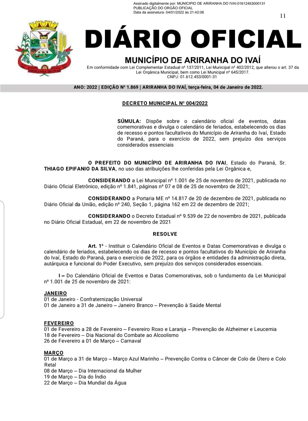 ATENÇÃO AO DECRETO N°004/2022 DE 04/01/2022